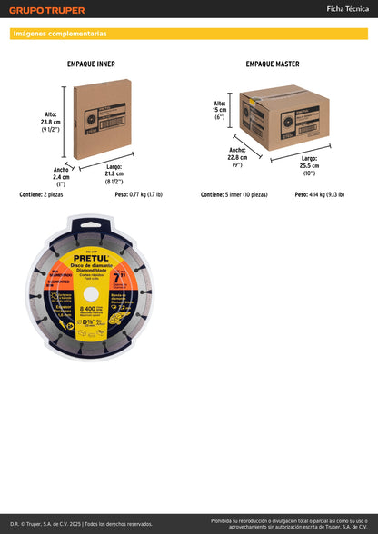 Disco de diamante de 7" x 1.6 mm rin segmentado, PRETUL
