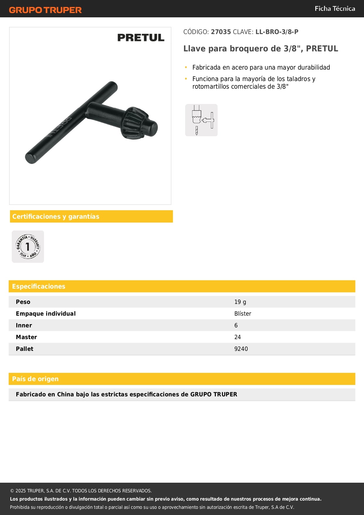 Llave para broquero de 3/8", PRETUL