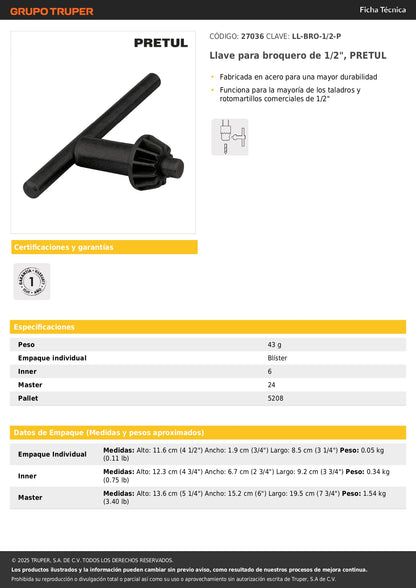Llave para broquero de 1/2", PRETUL