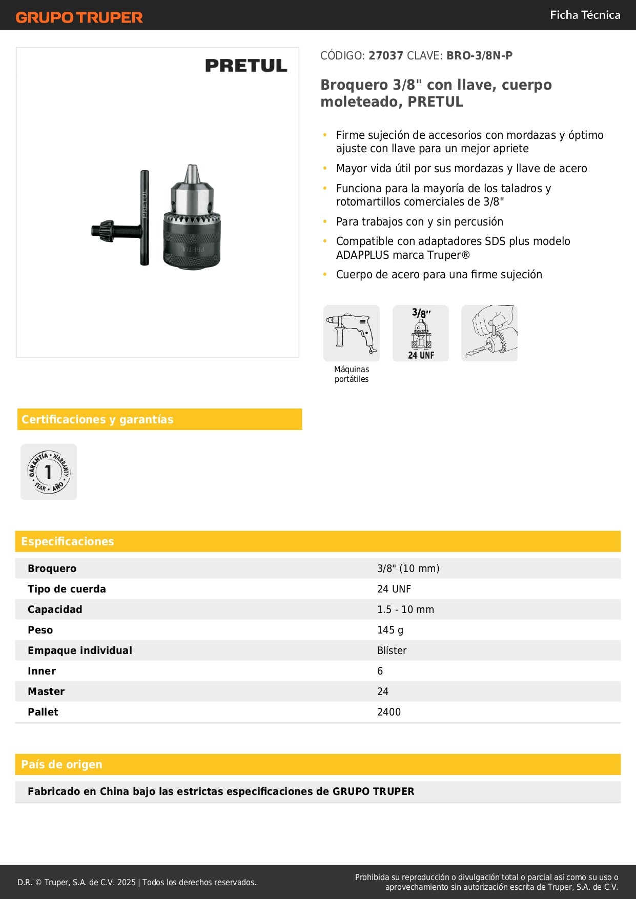 Broquero 3/8" con llave, cuerpo moleteado, PRETUL