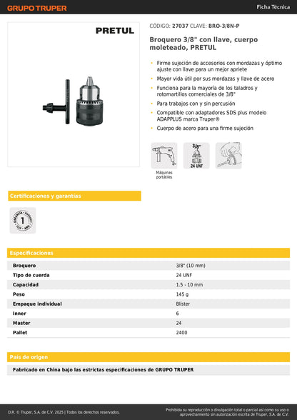 Broquero 3/8" con llave, cuerpo moleteado, PRETUL