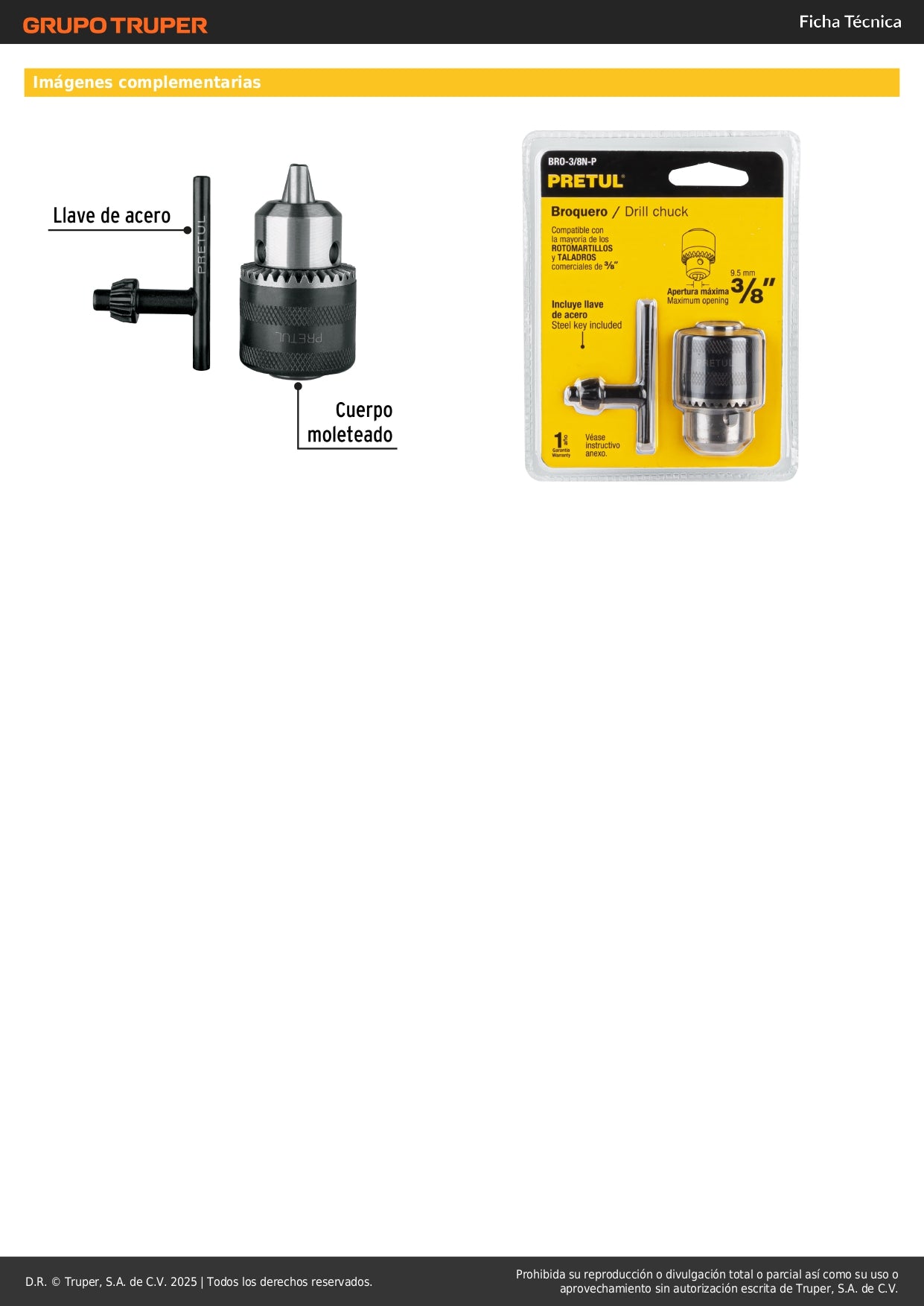 Broquero 3/8" con llave, cuerpo moleteado, PRETUL