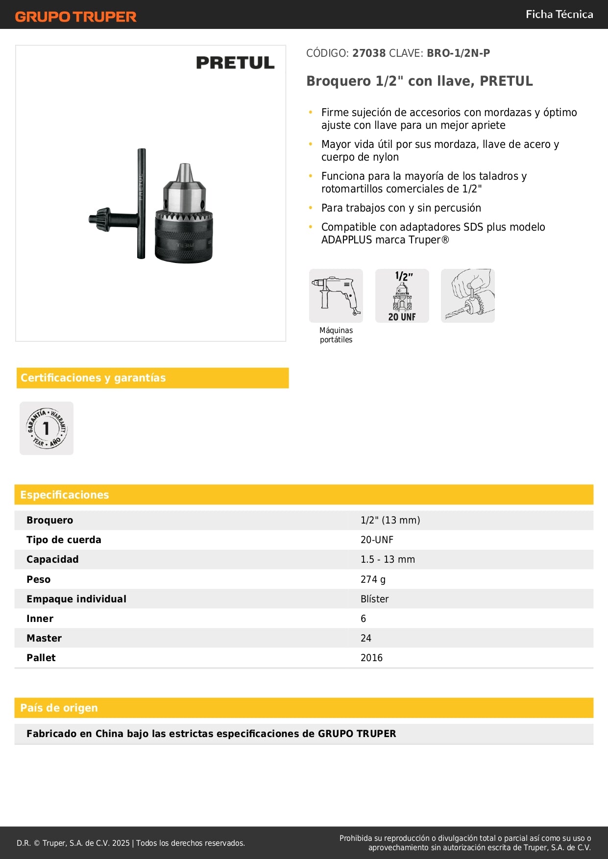 Broquero 1/2" con llave, PRETUL