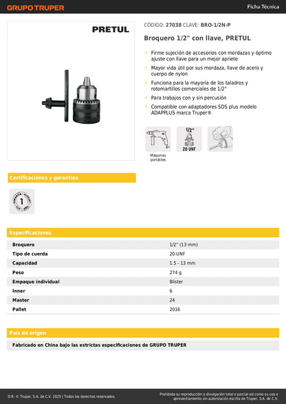Broquero 1/2" con llave, PRETUL