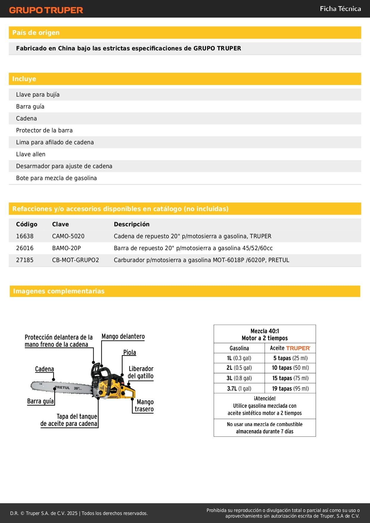 Motosierra Pretul 60cc Gasolina Barra 20 Pulgadas - Corte Profesional Árboles y Poda MOT-6020P