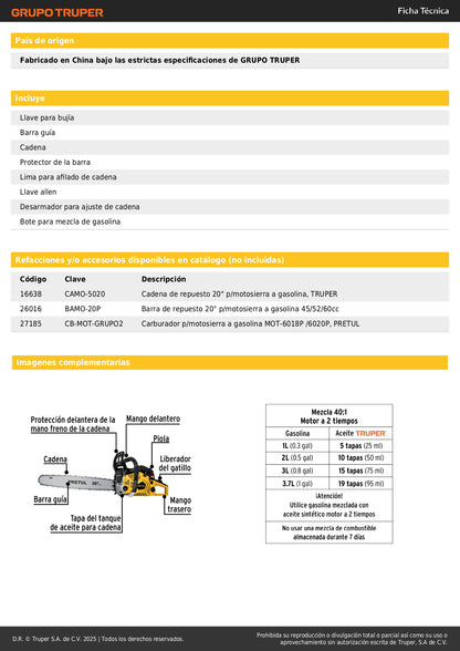 Motosierra Pretul 60cc Gasolina Barra 20 Pulgadas - Corte Profesional Árboles y Poda MOT-6020P