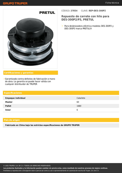Repuesto de carrete con hilo para DES-300P2/P3, PRETUL