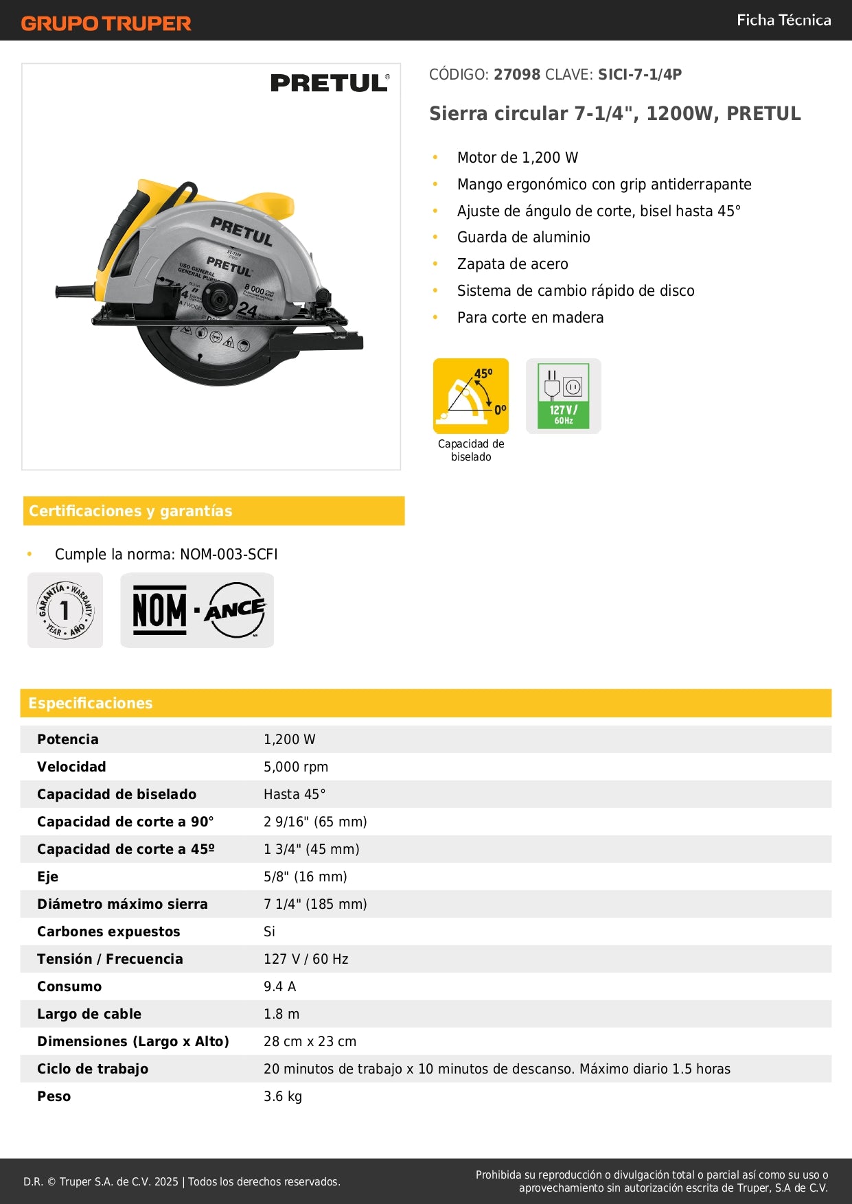 Sierra Circular PRETUL 7-1/4" 1200W Profesional - Cortes Precisos en Madera con Ajuste Bisel 45° y Sistema Cambio Rápido - SICI-7-1/4P