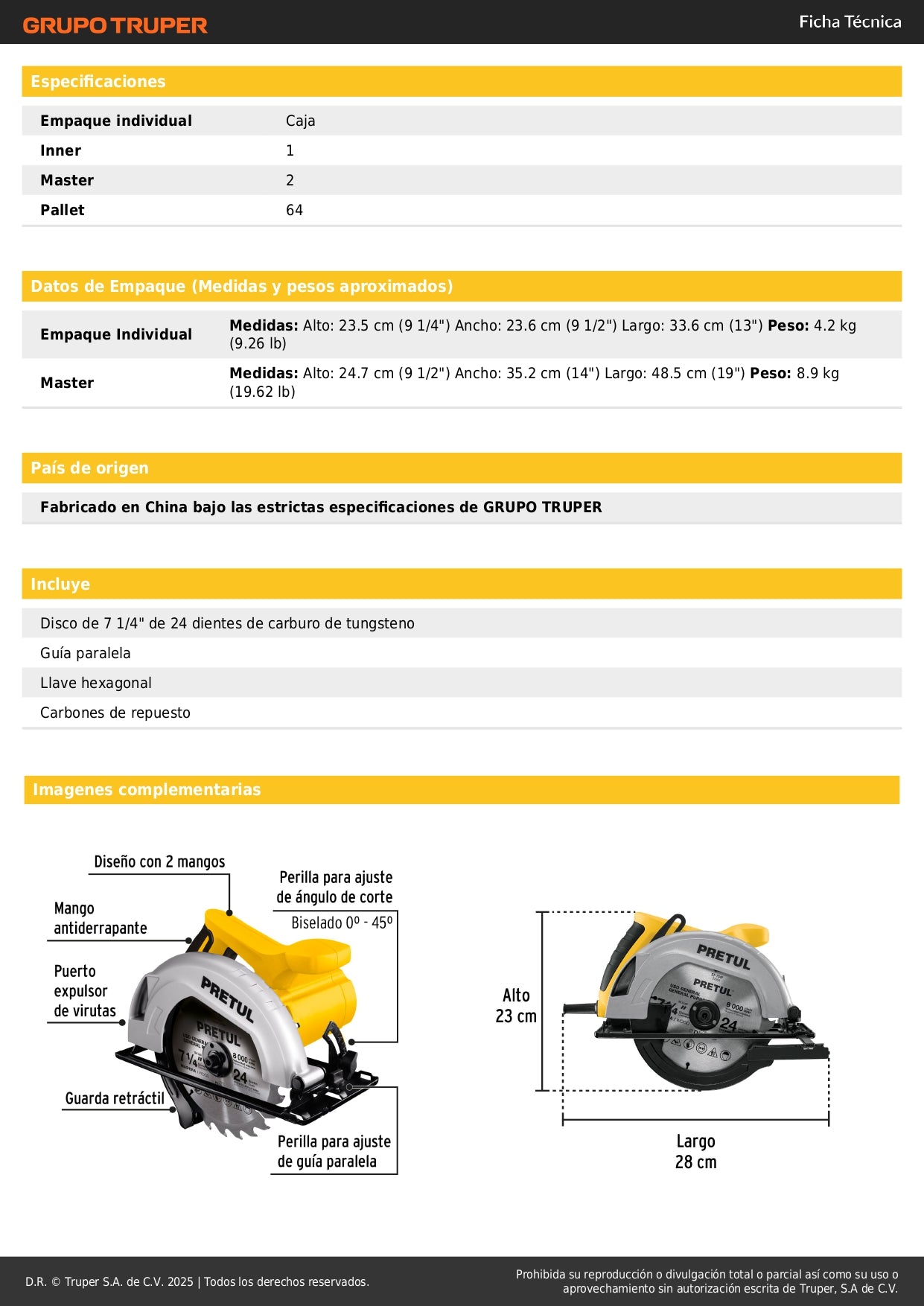 Sierra Circular PRETUL 7-1/4" 1200W Profesional - Cortes Precisos en Madera con Ajuste Bisel 45° y Sistema Cambio Rápido - SICI-7-1/4P
