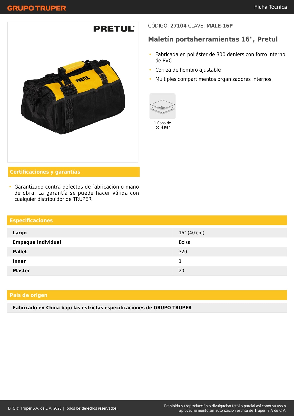 Maletín Portaherramientas Profesional 16 Pulgadas PRETUL - Organiza y Transporta Herramientas con Múltiples Compartimentos