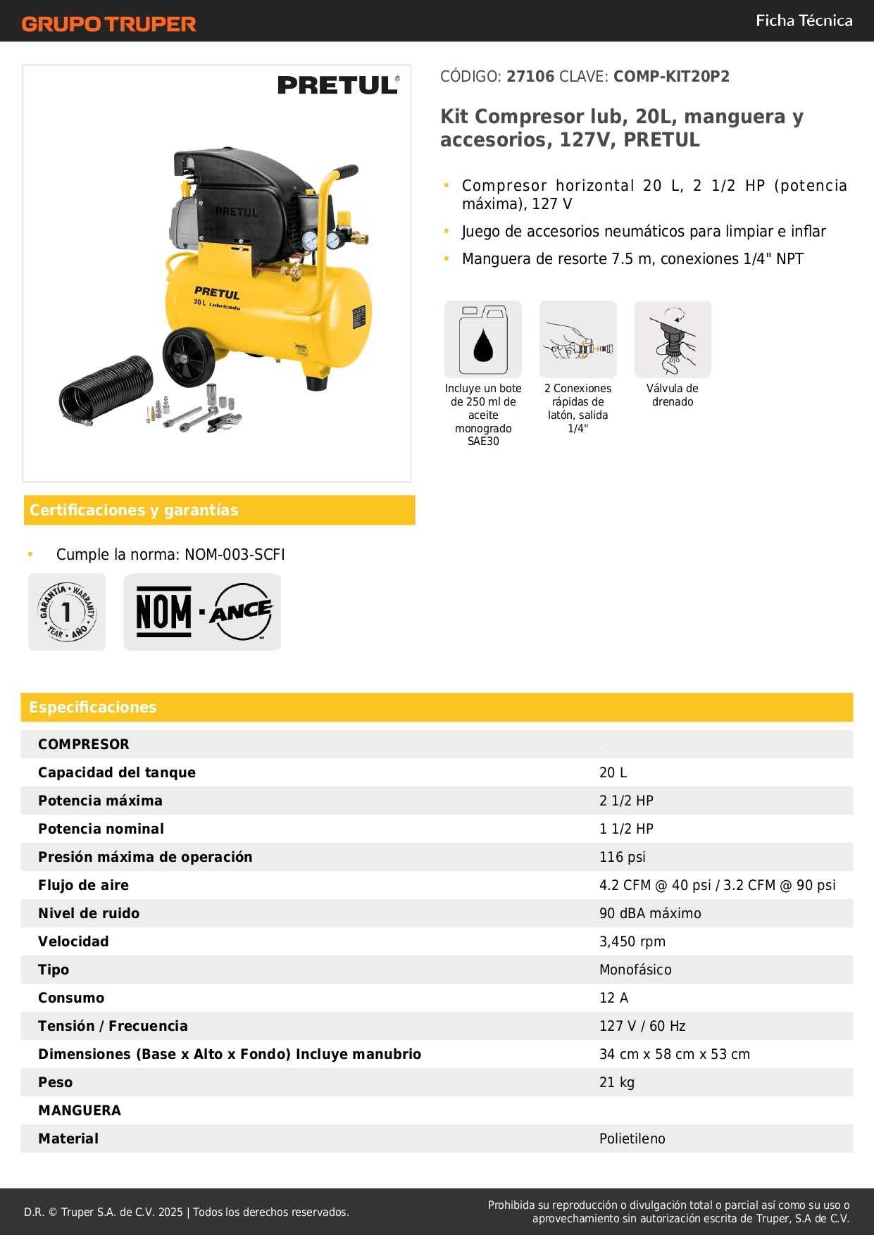 Kit Compresor de Aire PRETUL 20L 2.5HP con Manguera 7.5m y Accesorios Neumáticos - Solución Completa para Inflado y Limpieza Industrial 127V