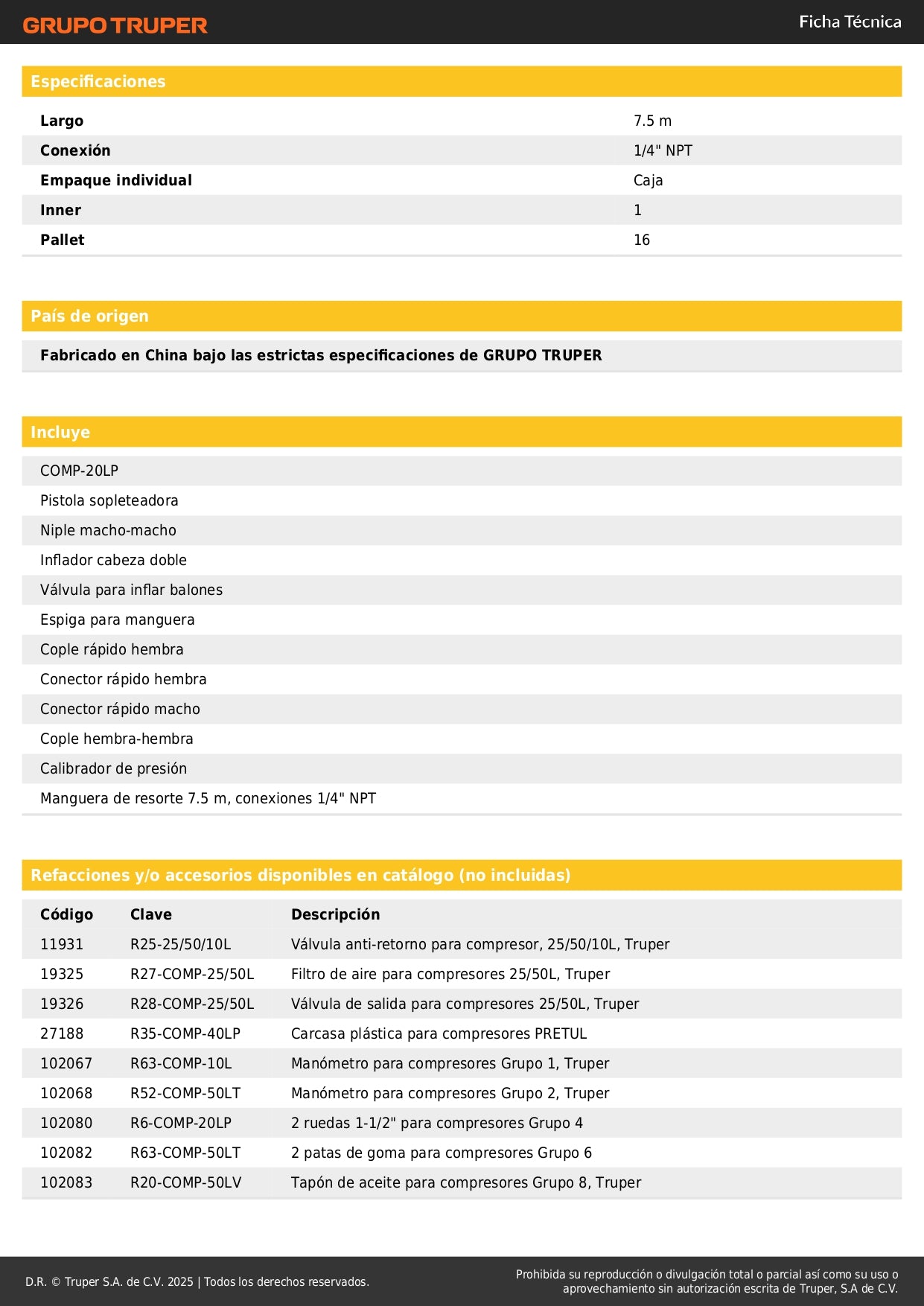 Kit Compresor de Aire PRETUL 20L 2.5HP con Manguera 7.5m y Accesorios Neumáticos - Solución Completa para Inflado y Limpieza Industrial 127V