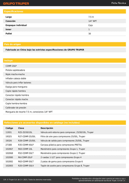 Kit Compresor de Aire PRETUL 20L 2.5HP con Manguera 7.5m y Accesorios Neumáticos - Solución Completa para Inflado y Limpieza Industrial 127V