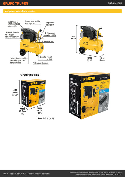 Kit Compresor de Aire PRETUL 20L 2.5HP con Manguera 7.5m y Accesorios Neumáticos - Solución Completa para Inflado y Limpieza Industrial 127V