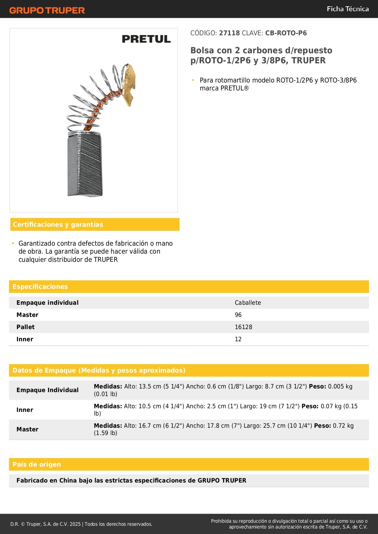 Bolsa con 2 carbones d/repuesto p/ROTO-1/2P6 y 3/8P6, TRUPER
