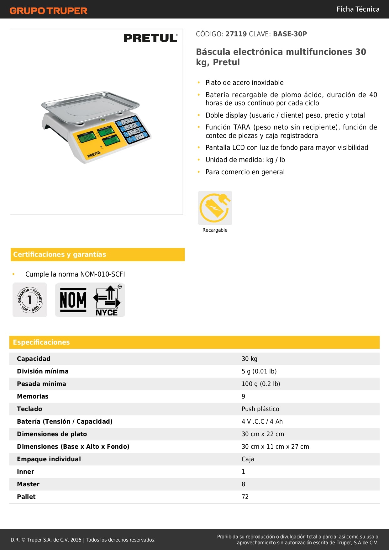 Báscula Electrónica Comercial 30kg PRETUL BASE-30P - Doble Display, Batería 40hrs, Función TARA - Solución Completa para Pesaje Profesional