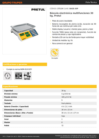 Báscula Electrónica Comercial 30kg PRETUL BASE-30P - Doble Display, Batería 40hrs, Función TARA - Solución Completa para Pesaje Profesional