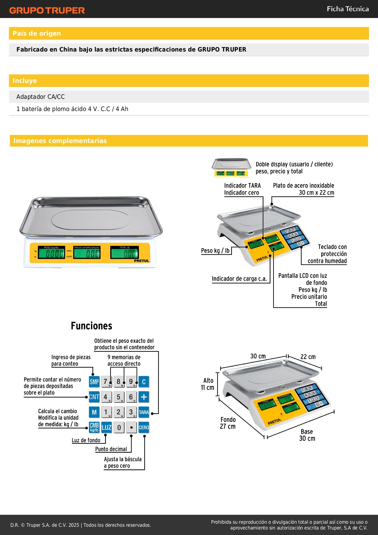 Báscula Electrónica Comercial 30kg PRETUL BASE-30P - Doble Display, Batería 40hrs, Función TARA - Solución Completa para Pesaje Profesional