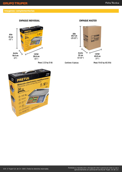 Báscula Electrónica Comercial 30kg PRETUL BASE-30P - Doble Display, Batería 40hrs, Función TARA - Solución Completa para Pesaje Profesional
