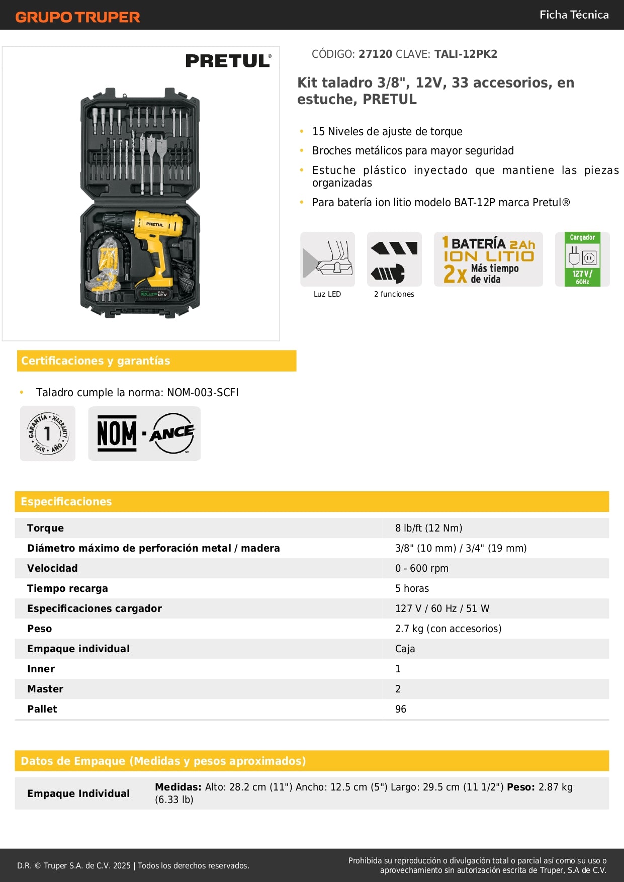 Kit Taladro Inalámbrico 3/8" 12V PRETUL TALI-12PK2 con 33 Accesorios y Estuche