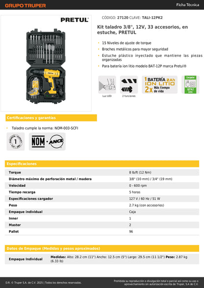 Kit Taladro Inalámbrico 3/8" 12V PRETUL TALI-12PK2 con 33 Accesorios y Estuche
