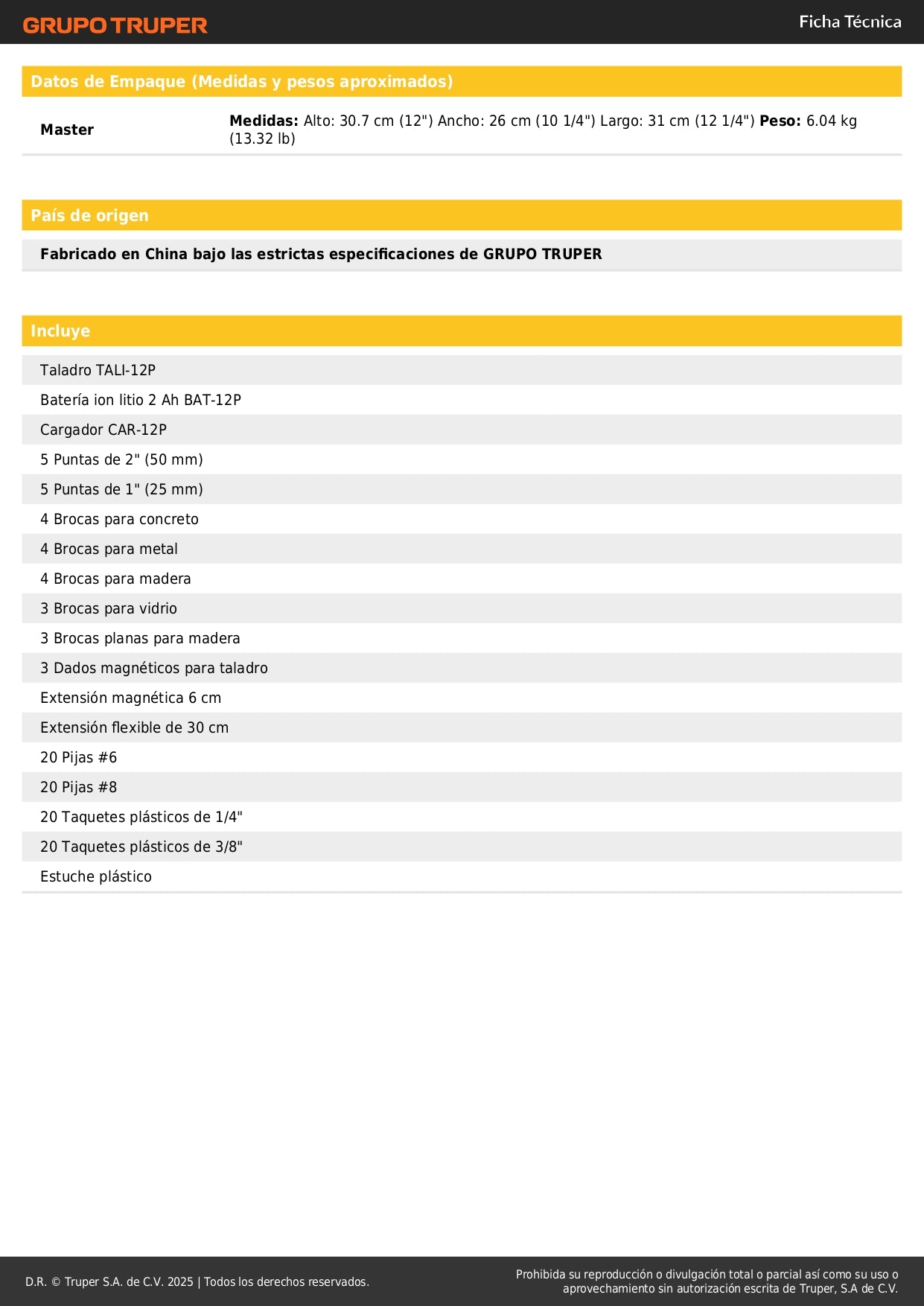 Kit Taladro Inalámbrico 3/8" 12V PRETUL TALI-12PK2 con 33 Accesorios y Estuche