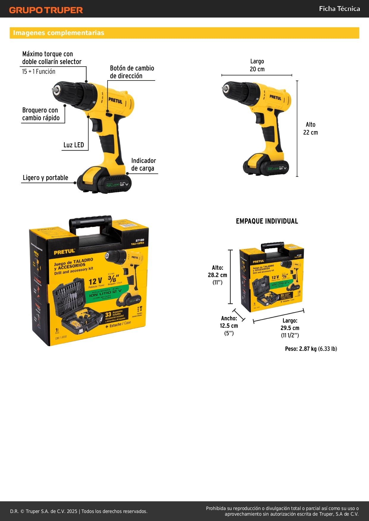 Kit Taladro Inalámbrico 3/8" 12V PRETUL TALI-12PK2 con 33 Accesorios y Estuche