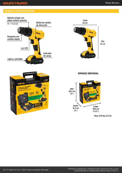 Kit Taladro Inalámbrico 3/8" 12V PRETUL TALI-12PK2 con 33 Accesorios y Estuche