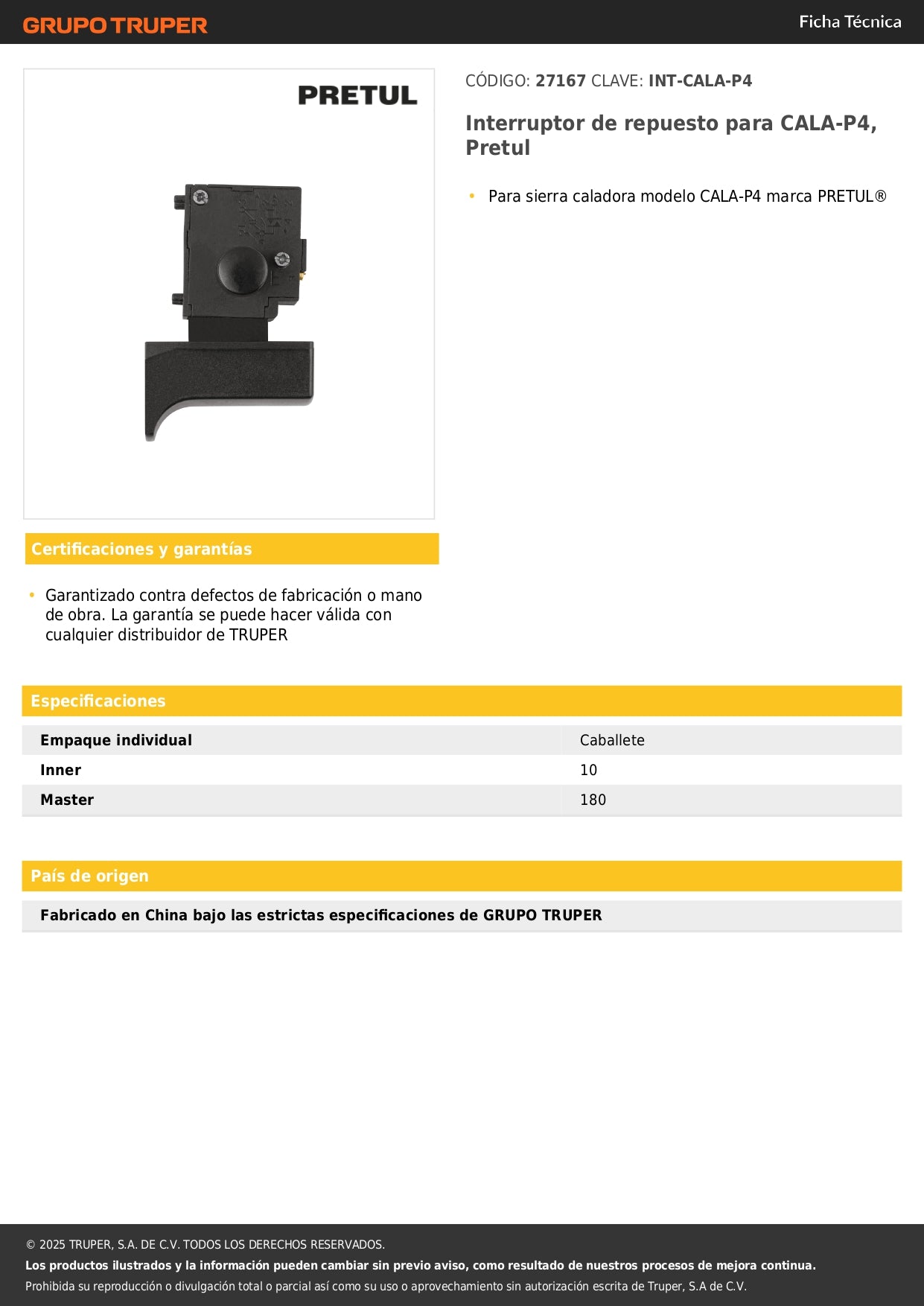 Interruptor de repuesto para CALA-P4, Pretul