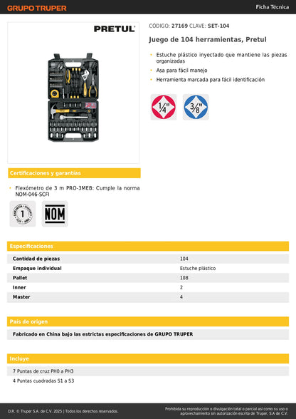 Juego de Herramientas Pretul 104 Piezas SET-104 - Kit Completo Profesional con Estuche Organizador para Reparación y Mantenimiento