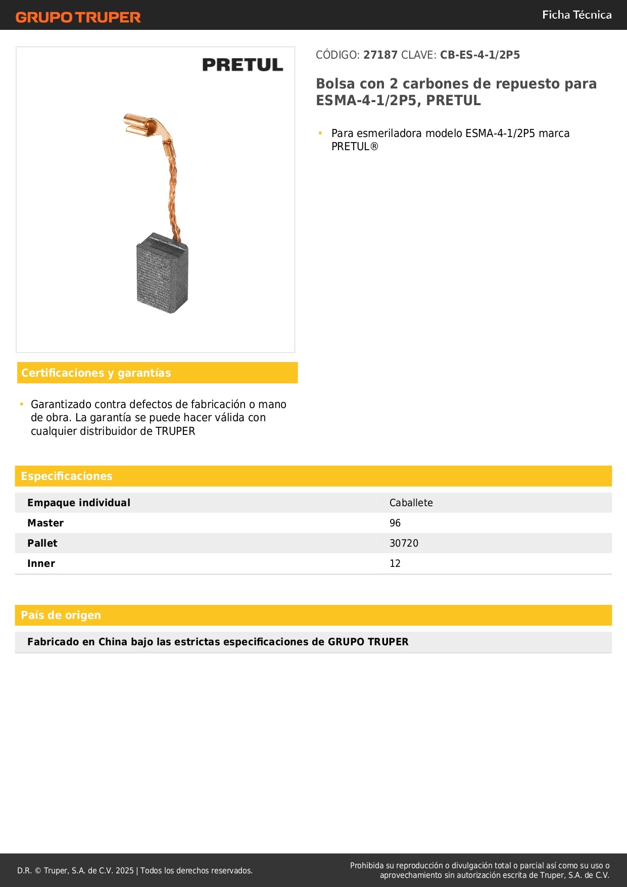 Bolsa con 2 carbones de repuesto para ESMA-4-1/2P5, PRETUL