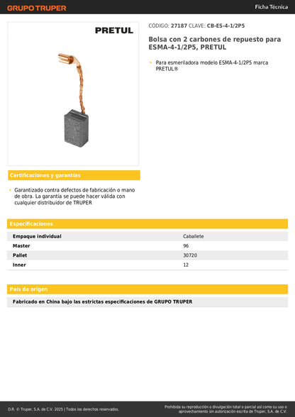 Bolsa con 2 carbones de repuesto para ESMA-4-1/2P5, PRETUL