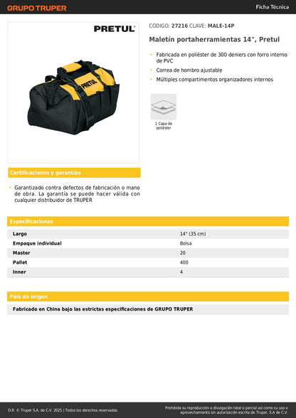 Maletín Portaherramientas Profesional 14 Pulgadas PRETUL - Organiza y Transporta Herramientas con Múltiples Compartimentos