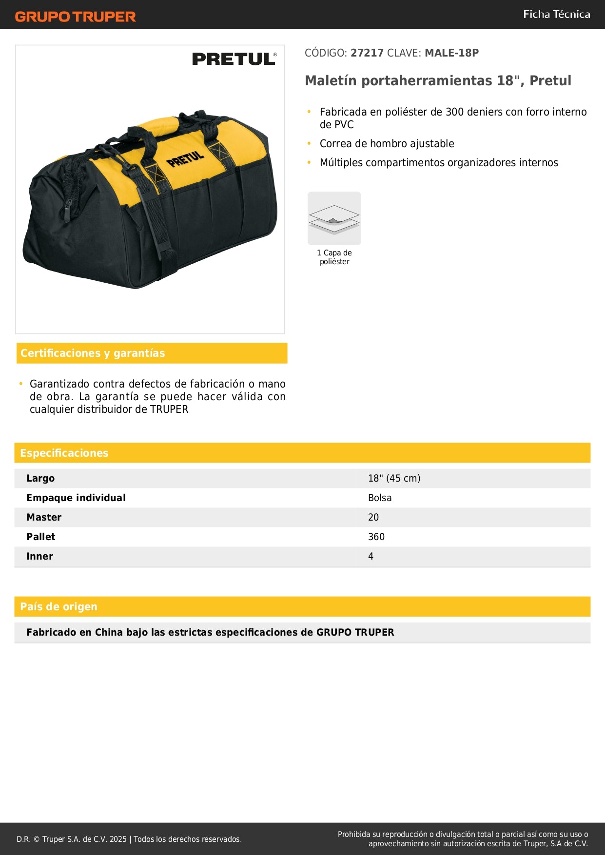 Maletín Portaherramientas 18 Pulgadas Pretul MALE-18P - Organizador Profesional con Múltiples Compartimentos y Correa Ajustable