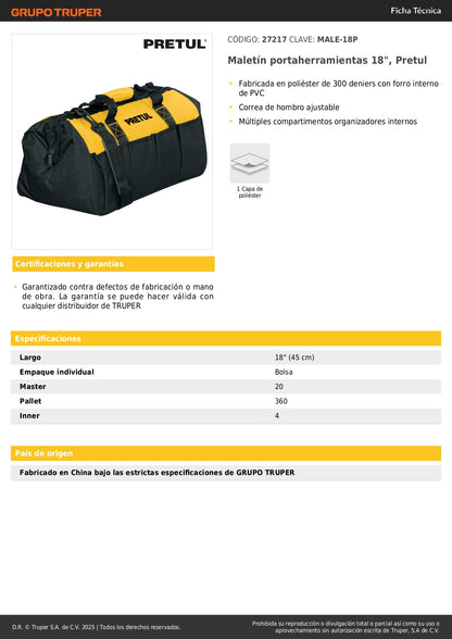 Maletín Portaherramientas 18 Pulgadas Pretul MALE-18P - Organizador Profesional con Múltiples Compartimentos y Correa Ajustable