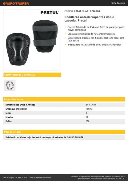 Rodilleras Anti-Derrapantes Doble Cápsula EVA Pretul ROD-200 - Protección Profesional para Instalación de Pisos y Alfombras