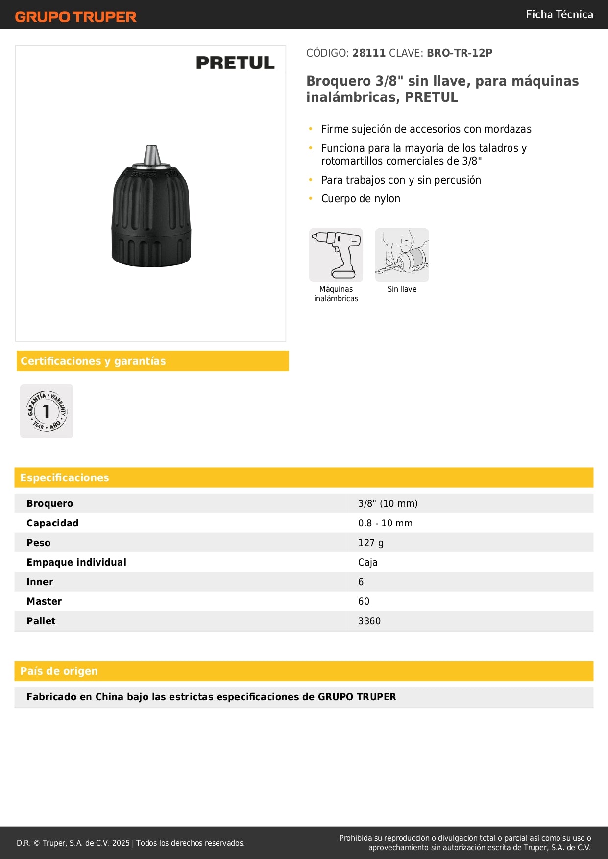 Broquero 3/8" sin llave, para máquinas inalámbricas, PRETUL