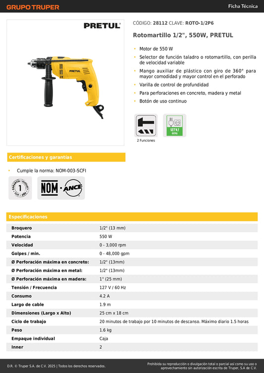 Rotomartillo PRETUL 1/2 Pulgada 550W - Taladro Percutor Profesional para Concreto Madera Meta