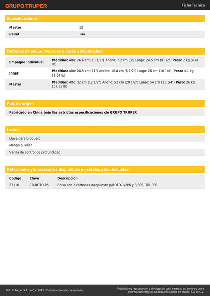 Rotomartillo PRETUL 1/2 Pulgada 550W - Taladro Percutor Profesional para Concreto Madera Meta