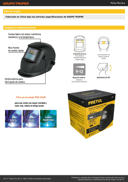 Careta Electrónica para Soldar PRETUL CAREL-11P - Sombra Variable 9-13 Automática con Filtro True Color - Protección Profesional contra Fatiga Ocular en Soldadura, Plasma y Esmerilado