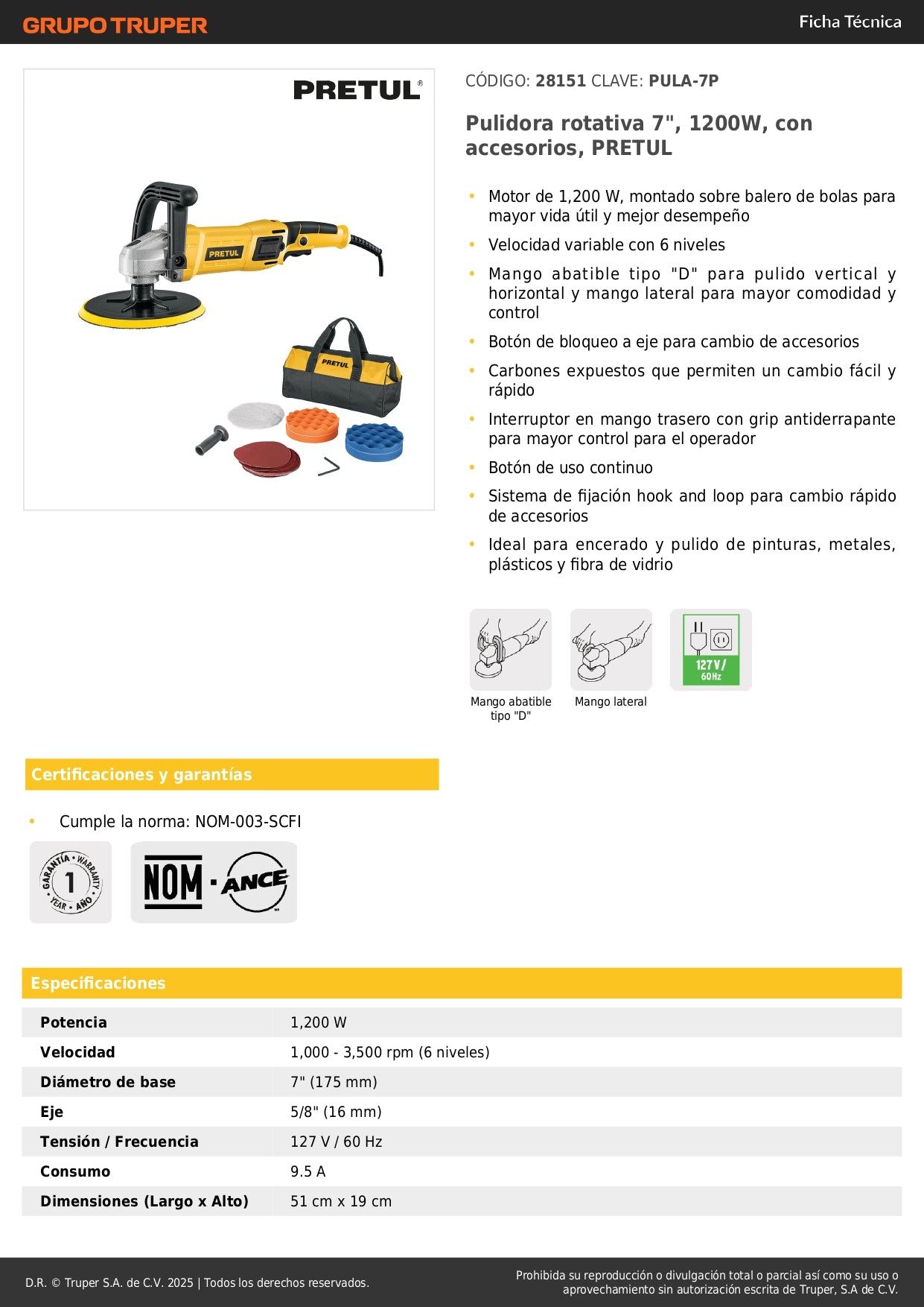 Pulidora Rotativa PRETUL 7 Pulgadas 1200W Profesional - Elimina Rayones y Restaura Brillo en Autos, Metales y Plásticos - Motor Potente con Velocidad Variable - PULA-7P