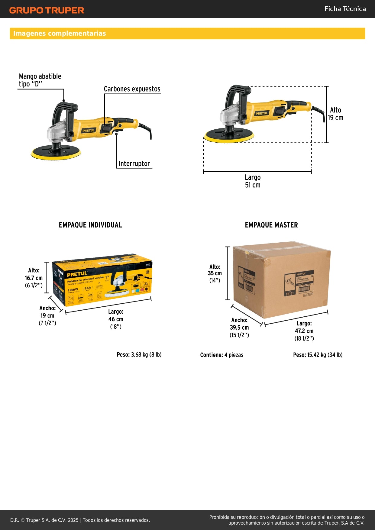 Pulidora Rotativa PRETUL 7 Pulgadas 1200W Profesional - Elimina Rayones y Restaura Brillo en Autos, Metales y Plásticos - Motor Potente con Velocidad Variable - PULA-7P