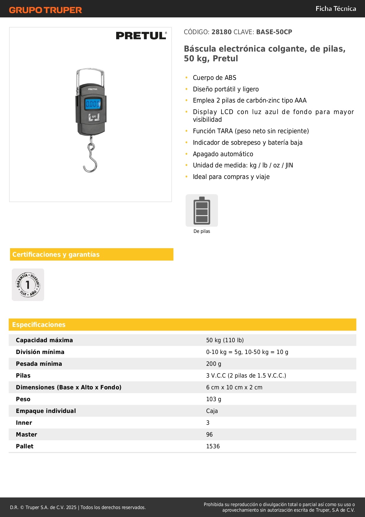 Báscula Electrónica Colgante Pretul 50kg - Portátil Digital con Display LCD y Función TARA - Ideal para Pesaje Preciso en Comercio y Viajes