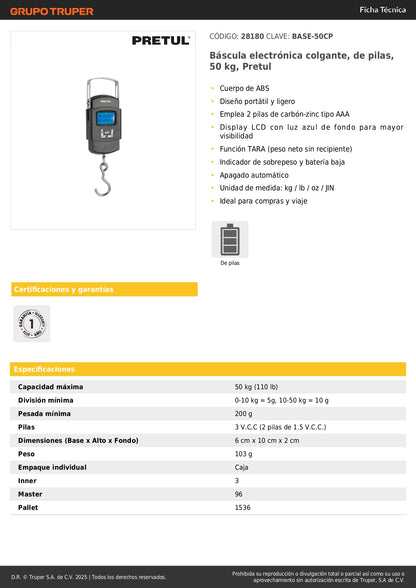 Báscula Electrónica Colgante Pretul 50kg - Portátil Digital con Display LCD y Función TARA - Ideal para Pesaje Preciso en Comercio y Viajes