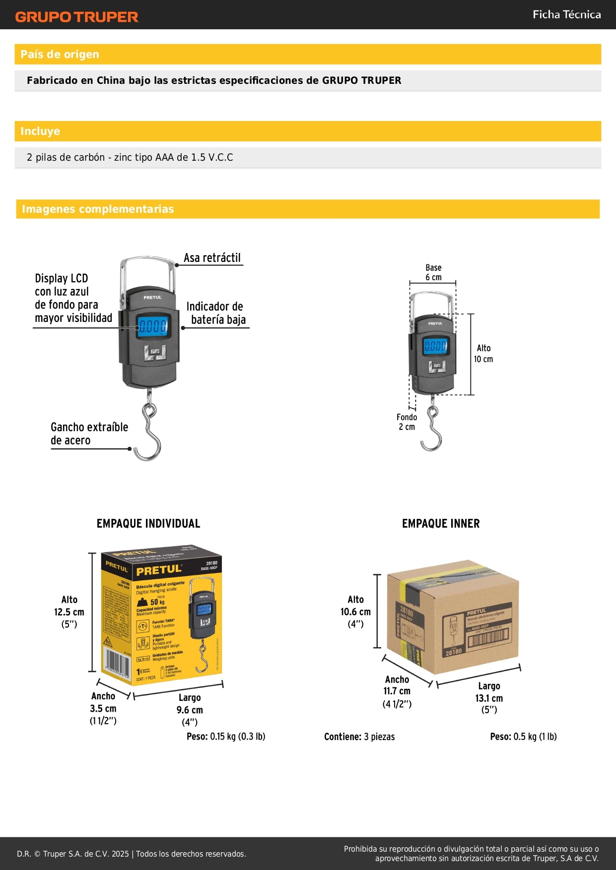 Báscula Electrónica Colgante Pretul 50kg - Portátil Digital con Display LCD y Función TARA - Ideal para Pesaje Preciso en Comercio y Viajes