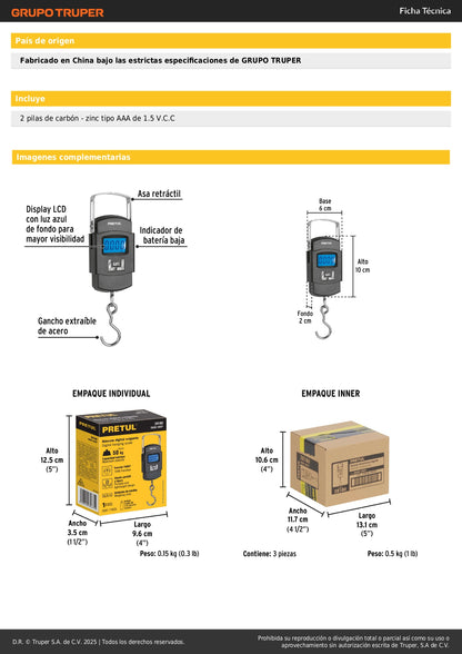 Báscula Electrónica Colgante Pretul 50kg - Portátil Digital con Display LCD y Función TARA - Ideal para Pesaje Preciso en Comercio y Viajes