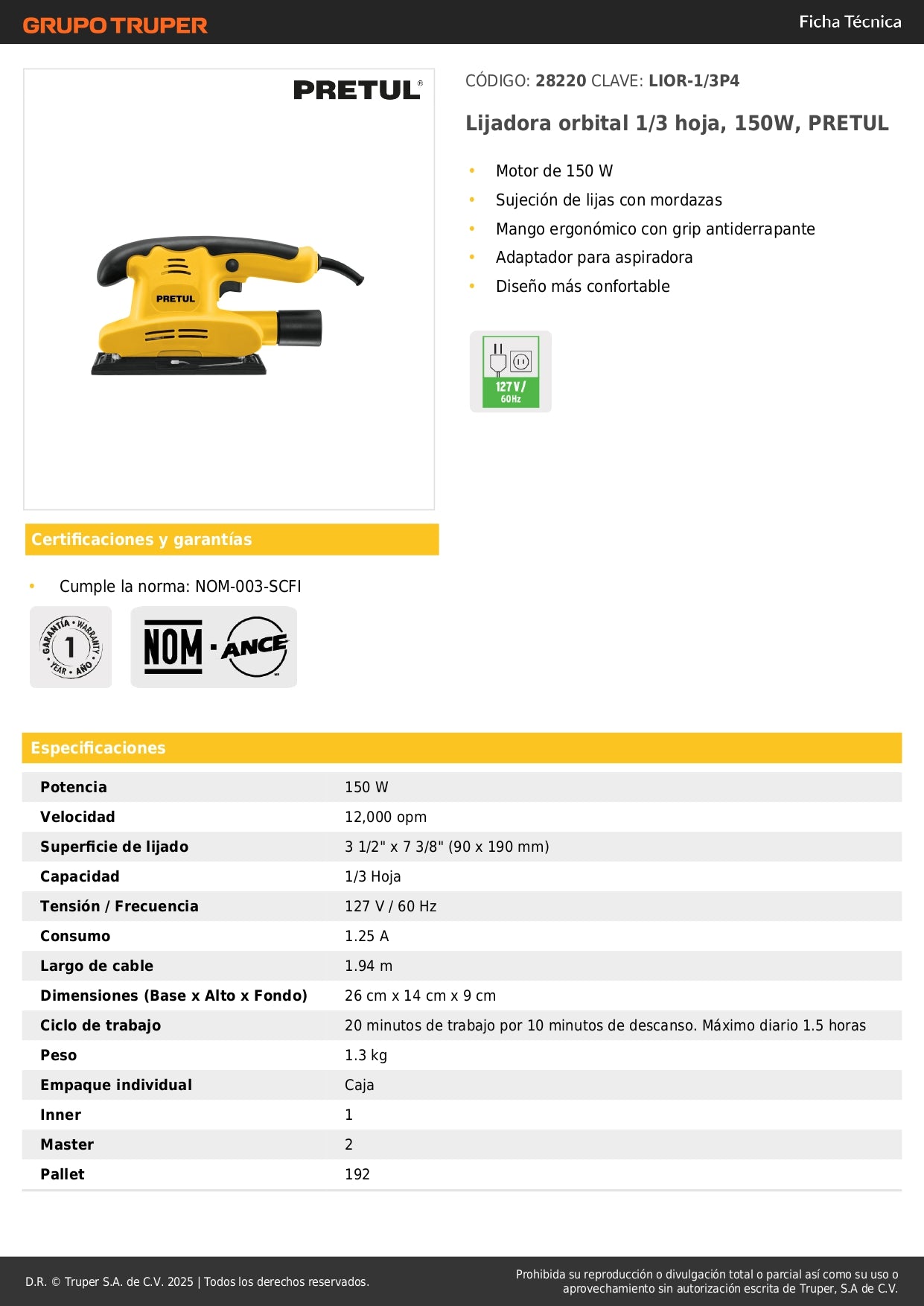 Lijadora Orbital PRETUL 150W 1/3 Hoja - Solución Profesional para Lijado Preciso con Mango Ergonómico y Adaptador Aspiradora - LIOR-1/3P4