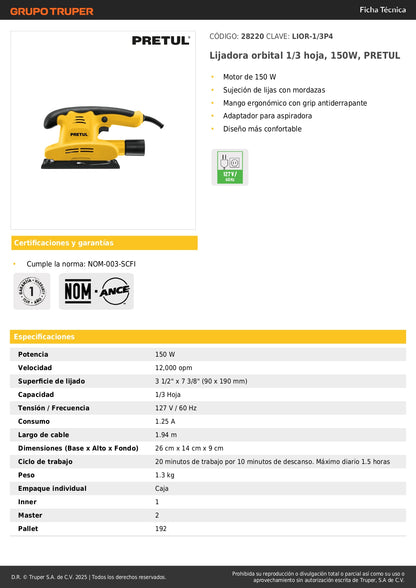 Lijadora Orbital PRETUL 150W 1/3 Hoja - Solución Profesional para Lijado Preciso con Mango Ergonómico y Adaptador Aspiradora - LIOR-1/3P4