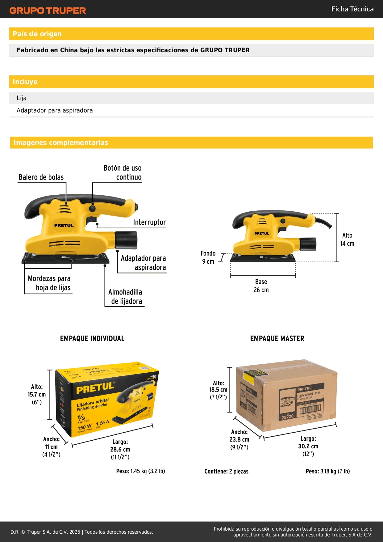 Lijadora Orbital PRETUL 150W 1/3 Hoja - Solución Profesional para Lijado Preciso con Mango Ergonómico y Adaptador Aspiradora - LIOR-1/3P4