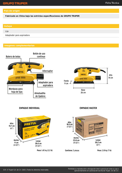 Lijadora Orbital PRETUL 150W 1/3 Hoja - Solución Profesional para Lijado Preciso con Mango Ergonómico y Adaptador Aspiradora - LIOR-1/3P4